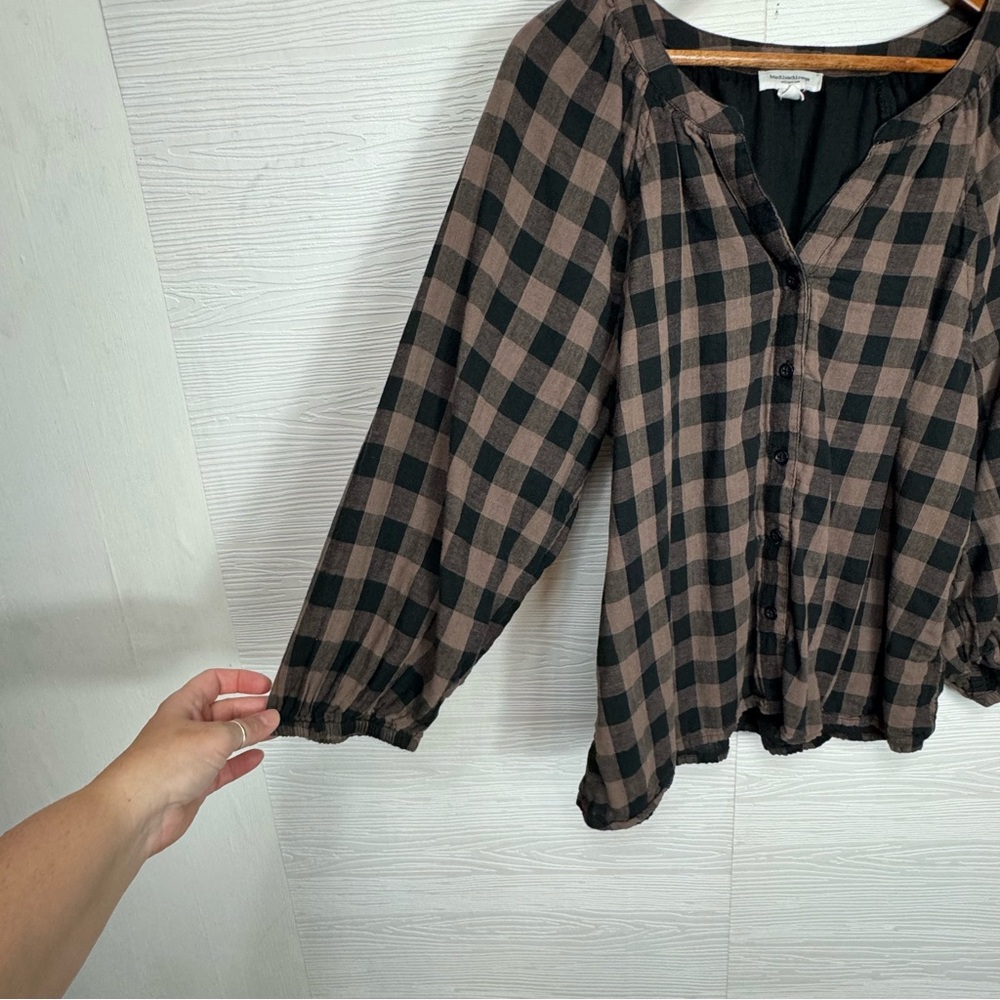 Beachlunchlounge Black and Tan Gingham Plaid Blouse Cotton Large - Picture 5 of 8
